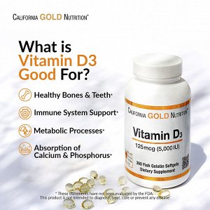 California Gold Nutrition, витамин D3, 125 мкг (5000 МЕ), 90 капсул из рыбьего желатина