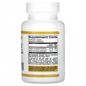 California Gold Nutrition, Gold C, GOLD Standard, буферизованный витамин C, аскорбат натрия, 750 мг, 60 растительных капсул