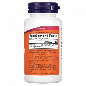NOW Foods, вегетарианский витамин D в сухой форме, 1000 МЕ, 120 вегетарианских капсул