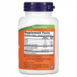 NOW Foods, экстракт серенои, с маслом из семян тыквы и цинком, 160 мг, 90 капсул