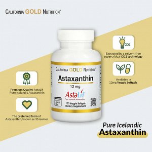 California Gold Nutrition, астаксантин, чистый исландский продукт AstaLif, 12 мг, 30 растительных мягких таблеток