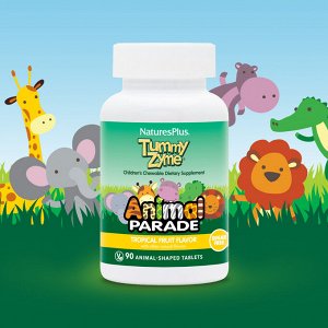 NaturesPlus, Source of Life, Animal Parade, Tummy Zyme с активными ферментами, цельными продуктами и пробиотиками, натуральный вкус тропических фруктов, 90 таблеток в форме животных