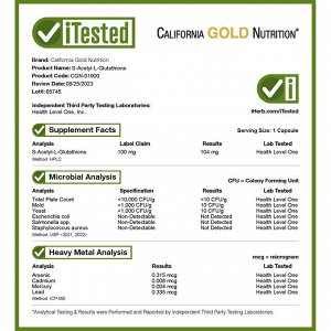California Gold Nutrition, S-ацетил-L-глутатион, 100 мг, 120 растительных капсул