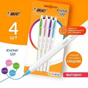 Набор цветных шариковых ручек 4 штуки BIC "Cristal Up", голубой, салатовый, розовый, сиреневый