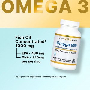 California Gold Nutrition, Omega 800 ультраконцентрированный рыбий жир с омега-3, форма триглицерида KD-Pur, 1000 мг, 90 капсул из рыбьего желатина