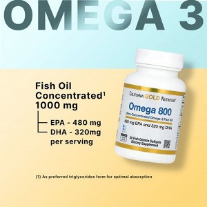 California Gold Nutrition, Omega 800 ультраконцентрированный рыбий жир с омега-3, форма триглицерида KD-Pur, 1000 мг, 30 капсул из рыбьего желатина