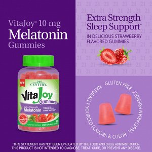 21st Century, Vita Joy, жевательные таблетки с мелатонином, с повышенной силой действия, со вкусом клубники, 10 мг, 60 жевательных таблеток (5 мг в 1 жевательной таблетке)
