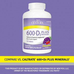 21st Century, 600 + D3 Plus Minerals, фруктовый пунш, 75 жевательных таблеток