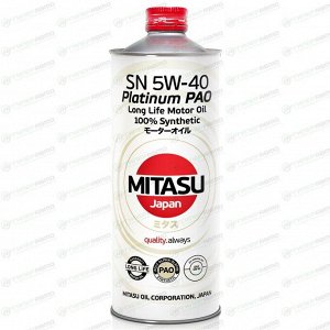 Масло моторное Mitasu Platinum PAO 5w40, синтетическое, API SN/CF, ACEA A3/B3/B4/C3, для бензинового двигателя, 1л, арт. MJ-112/1