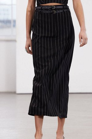 Trendyomilla Ограниченная серия: черная полосатая длинная юбка с поясом