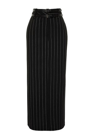 Trendyomilla Ограниченная серия: черная полосатая длинная юбка с поясом