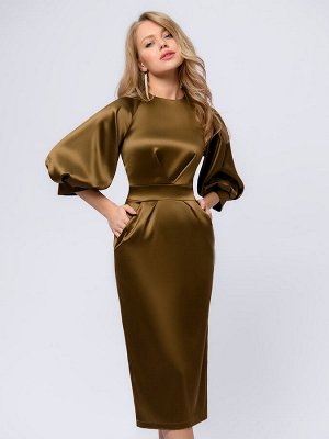Платье бронзового цвета длины миди с пышными рукавами