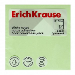 Блок с липким краем бумажный 75х75 мм, ErichKrause, 100 листов, зеленый