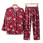 Костюм женский летний – свободная удлиненная блуза на пуговицах с рукавом 3\4 и брюки, красный с цветочным принтом