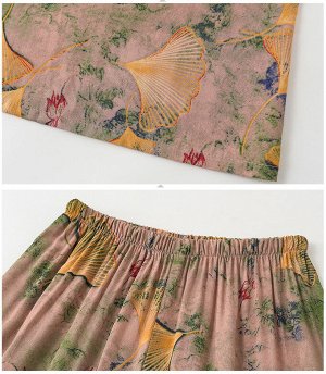 Костюм женский летний – свободная удлиненная футболка и укороченные брюки, бежевый с цветочным принтом