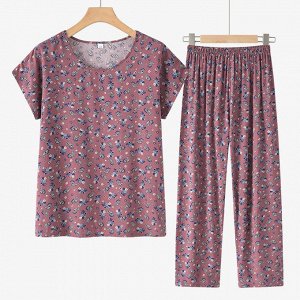 Костюм женский летний – свободная удлиненная футболка и укороченные брюки, розовый с цветочным принтом
