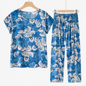 Костюм женский летний – свободная удлиненная футболка и укороченные брюки, голубой с цветочным принтом