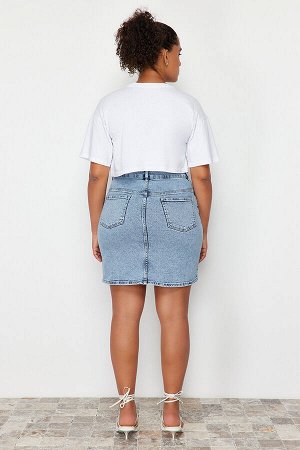 Голубая мини-джинсовая юбка с строчкой и кисточками