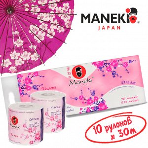 Бумага туалетная с ароматом САКУРЫ Maneki Dream 3 слоя, 214 листов, 30 метров, гладкая, белая, 10 рул/упаковка