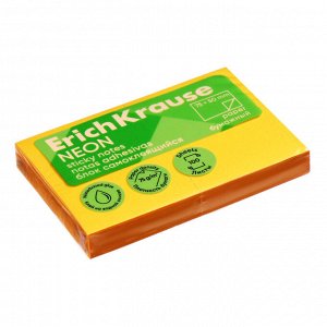 Блок с липким краем бумажный 75х50 мм, ErichKrause "Neon", 100 листов, оранжевый
