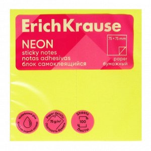 Блок с липким краем бумажный 75х75 мм, ErichKrause "Neon", 100 листов, желтый
