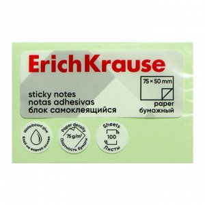 Блок с липким краем бумажный 75х50 мм, ErichKrause 100 листов, зеленый