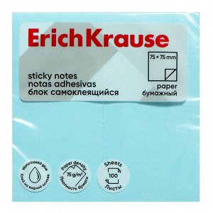 Блок с липким краем бумажный 75х75 мм, ErichKrause, 100 листов, голубой