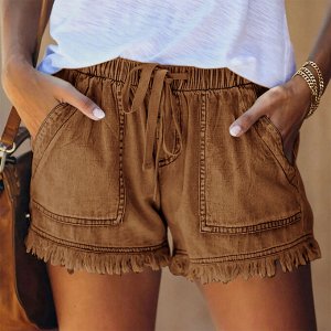 Женские джинсовые шорты с карманами, бахромой и эластичным поясом на завязках, цвет коричневый