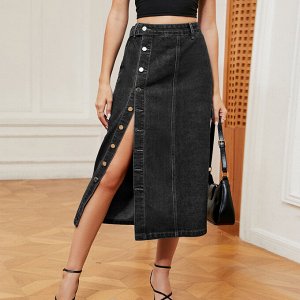Женская джинсовая миди-юбка с карманами, на пуговицах, цвет чёрный