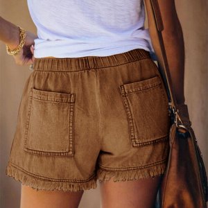 Женские джинсовые шорты с карманами, бахромой и эластичным поясом на завязках, цвет коричневый