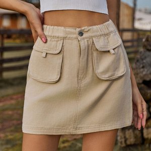Женская джинсовая мини-юбка с карманами и эластичным поясом, цвет бежевый