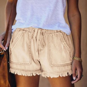 Женские джинсовые шорты с карманами, бахромой и эластичным поясом на завязках, цвет бежево-песочный