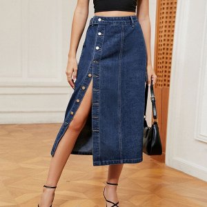 Женская джинсовая миди-юбка с карманами, на пуговицах, цвет синий