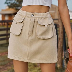 Женская джинсовая мини-юбка с карманами и эластичным поясом, цвет бежевый