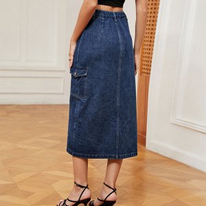Женская джинсовая миди-юбка с карманами, на пуговицах, цвет синий