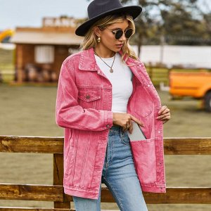 Женская джинсовая куртка с длинными рукавами и карманами, на пуговицах, цвет розовый