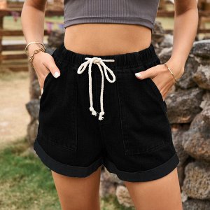 Женские джинсовые шорты с карманами и эластичным поясом на завязках, цвет чёрный