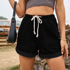 Женские джинсовые шорты с карманами и эластичным поясом на завязках, цвет чёрный