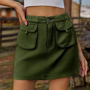 Женская джинсовая мини-юбка с карманами и эластичным поясом, цвет зелёный