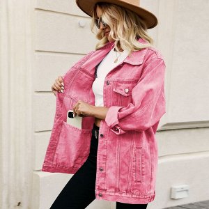 Женская джинсовая куртка с длинными рукавами и карманами, на пуговицах, цвет розовый