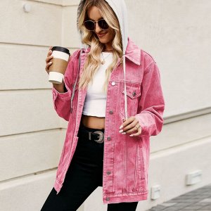 Женская джинсовая куртка с капюшоном, длинными рукавами и карманами, на пуговицах, цвет розовый