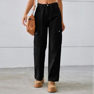 Женские джинсовые брюки карго с карманами и завязками, цвет чёрный