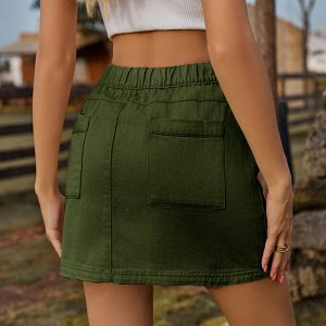 Женская джинсовая мини-юбка с карманами и эластичным поясом, цвет зелёный