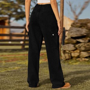 Женские джинсовые брюки карго с карманами и завязками, цвет чёрный