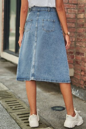 Женская джинсовая миди-юбка с карманами, на пуговицах, цвет светло-синий