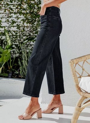 Женские прямые укороченные джинсы с карманами, на пуговицах, цвет чёрный