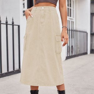 Женская джинсовая миди-юбка с карманами и разрезом сзади, цвет бежевый