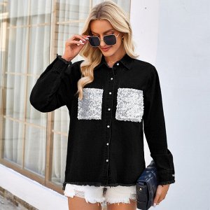 Женская рубашка с пайетками, карманами и длинными рукавами, на пуговицах, цвет чёрный