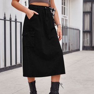 Женская джинсовая миди-юбка с карманами и разрезом сзади, цвет чёрный