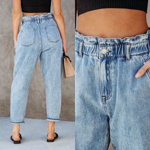 Женские укороченные джинсы с карманами и эластичным поясом, цвет светло-синий